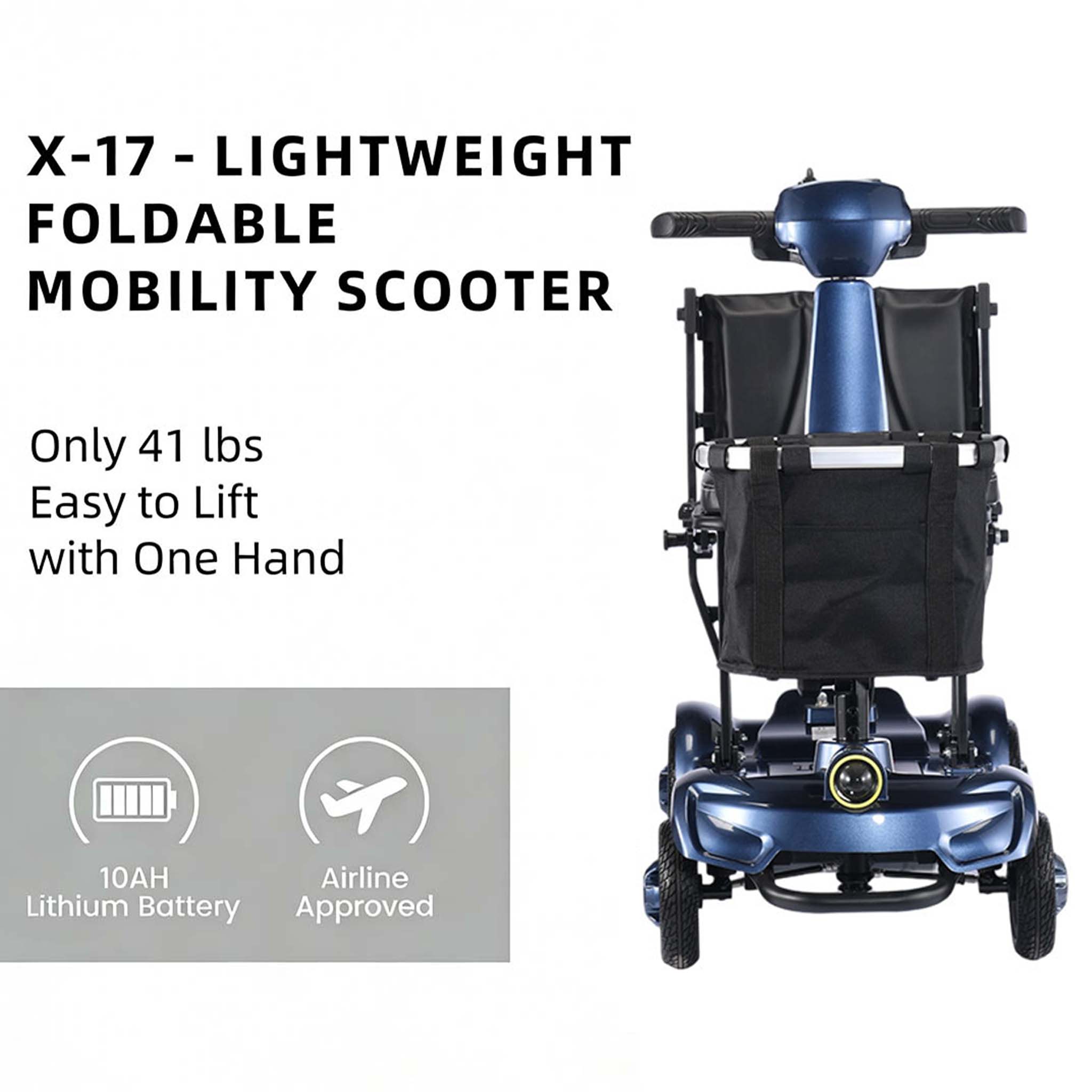 Foldscoot X-17 Folding Mobility Scooter for Seniors, 4-Wheel Lightweight Electric Scooter, 7.5 Mile Range, 265 LBS Capacity, Blue