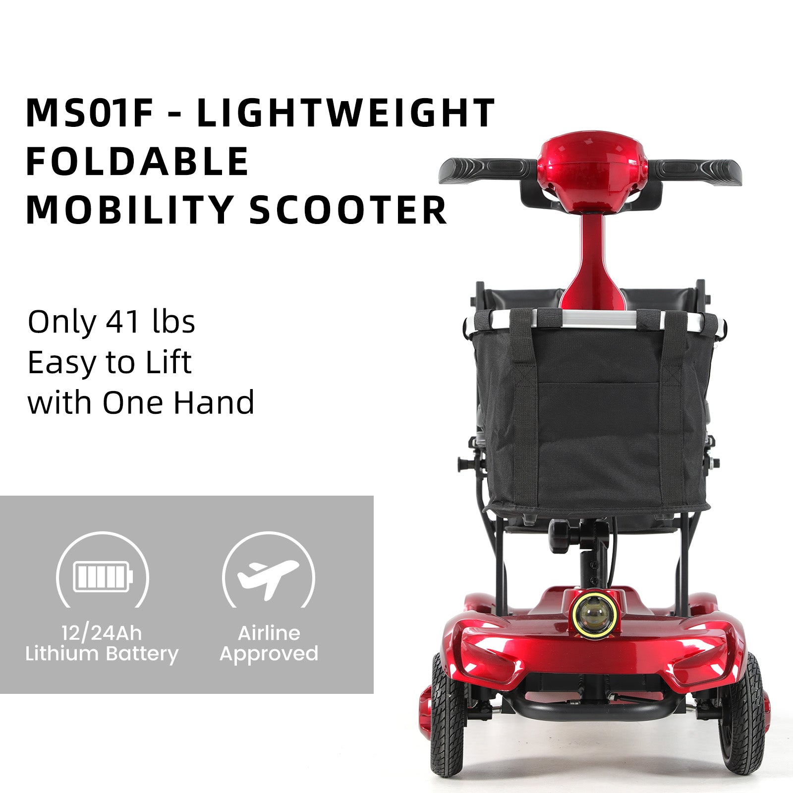 FOLDSCOOT MS01 F Lightweight Mobility Scooter, 41 lbs, 12/24 Mile Range, 300 lbs Capacity, LED Light & Triple Storage
