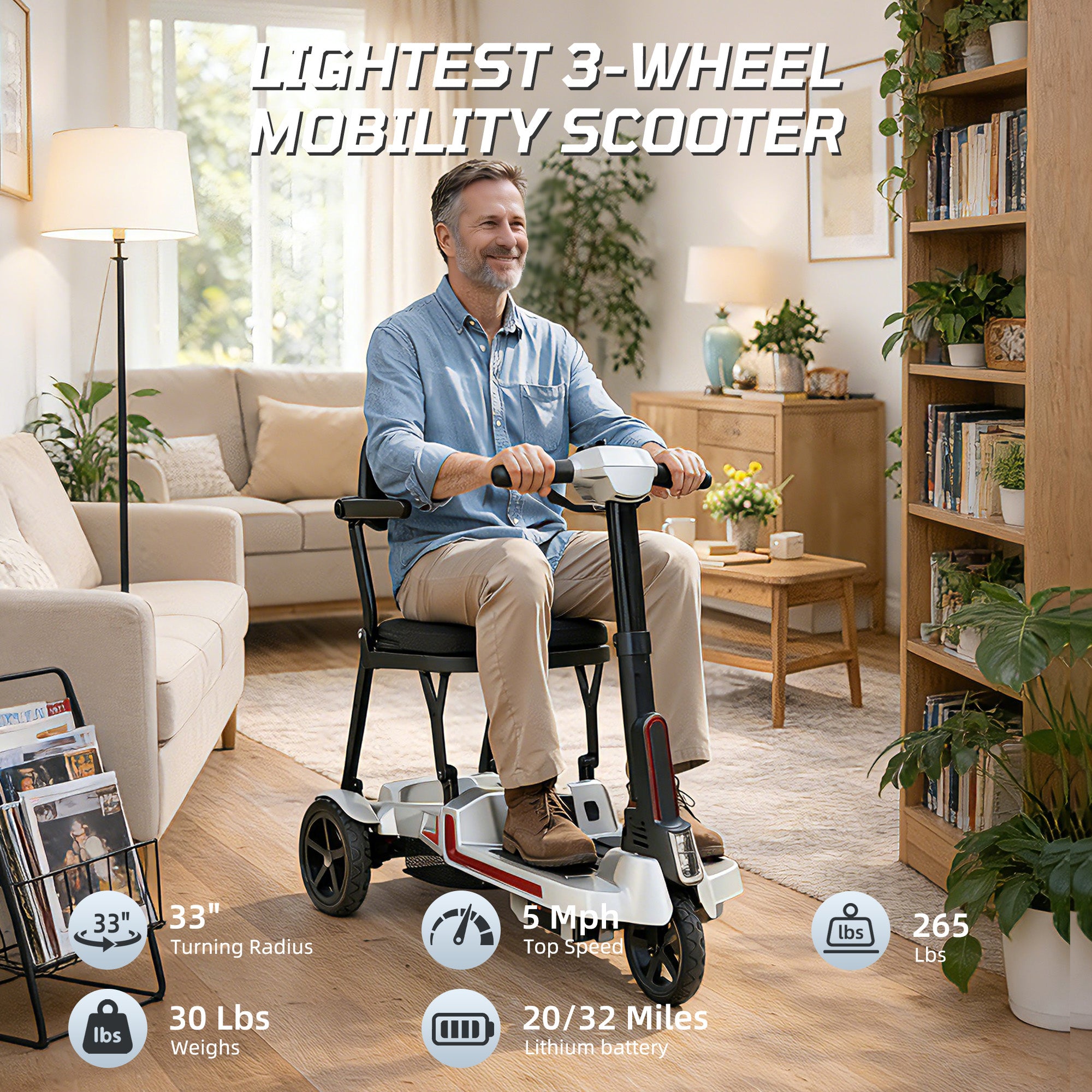 【Introducing the All-New】 M3 Lightweight Foldable Mobility Scooter for Seniors – 30 lbs, 33" Turning Radius, 20/32-Mile Range