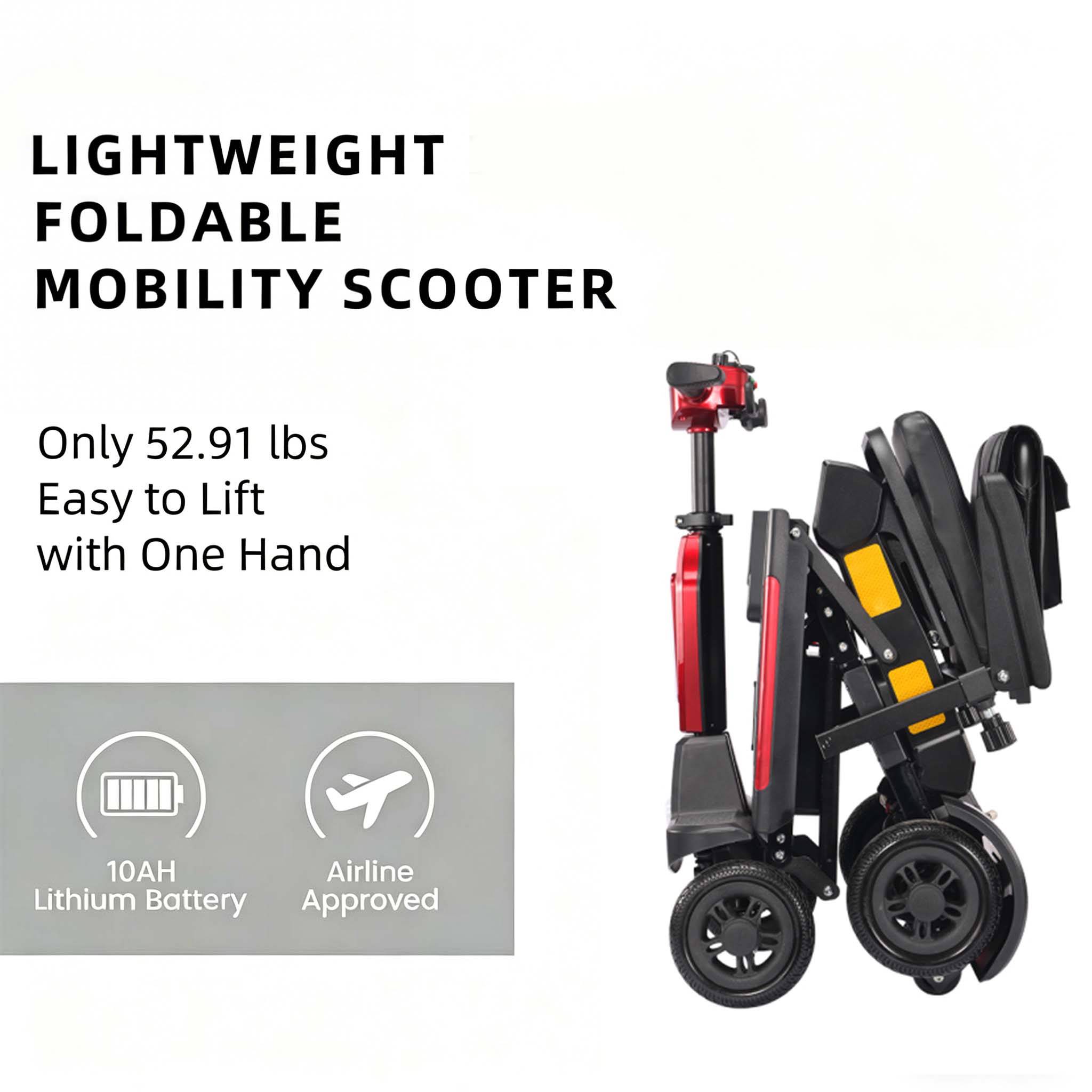 Foldscoot X-13 4-Wheel  Manual  Folding Mobility Scooter, 24V 270W Electric Powered Wheelchair for Seniors & Adults, Lightweight Portable Mobility Scooter with 7.46 Miles Range, 264.55 lbs Weight Capacity, Red