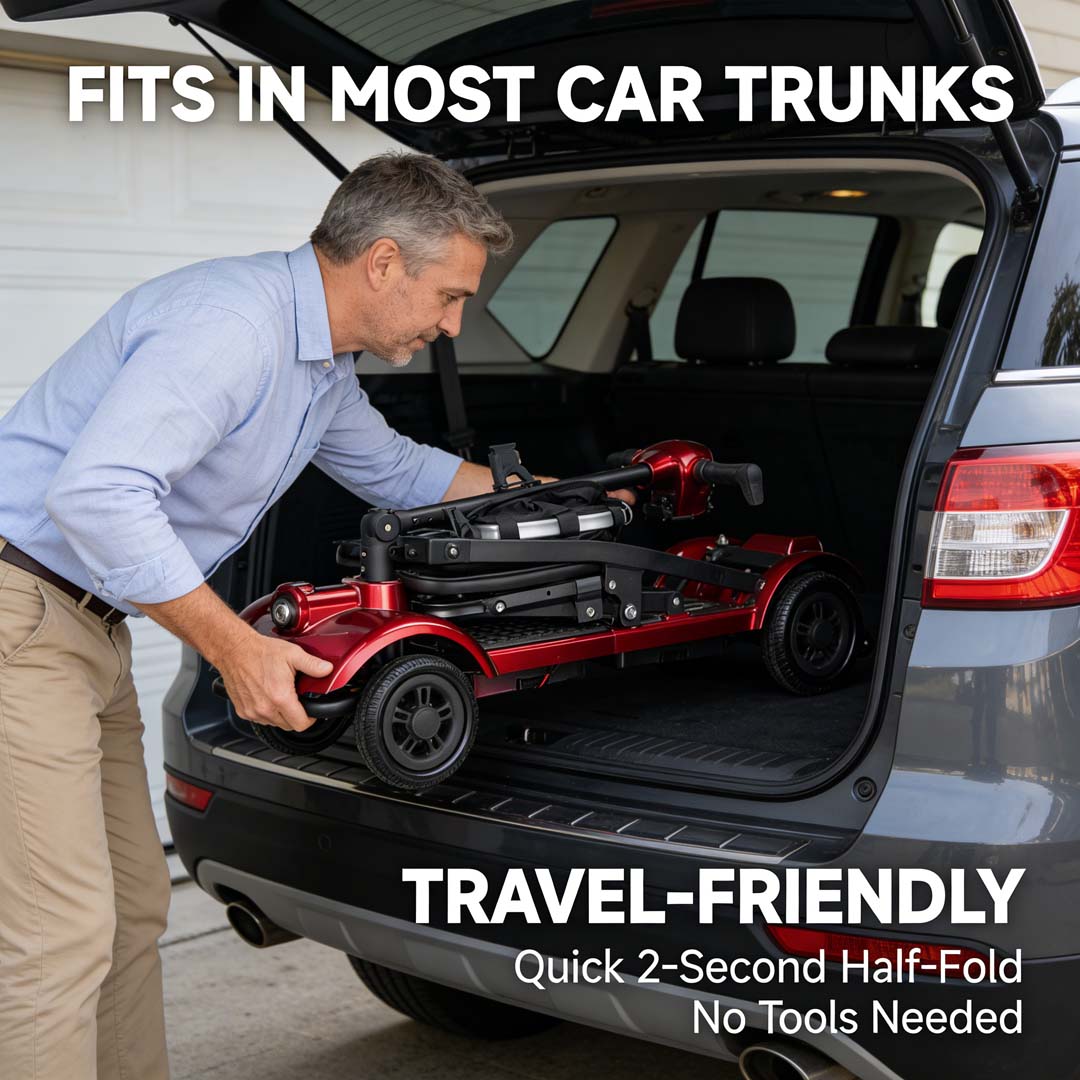 Foldscoot X-18 Compact Folding 4-Wheel Mobility Scooter, Red Lightweight Electric Scooter for Seniors & Adults, 7.5 Mile Range, 265 LBS Weight Capacity