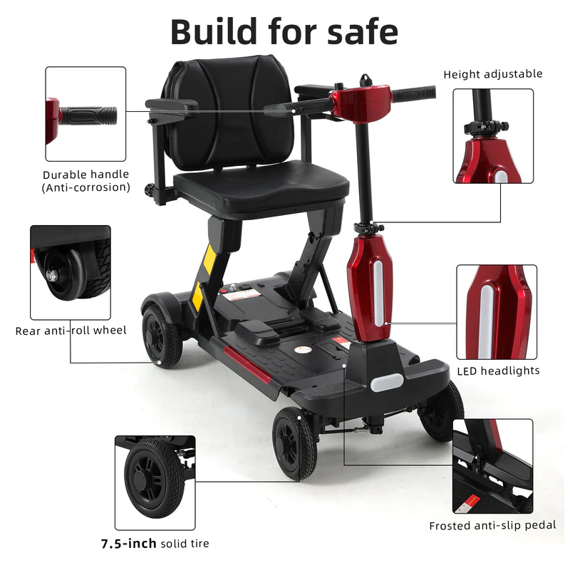Foldscoot X-13 4-Wheel  Manual  Folding Mobility Scooter, 24V 270W Electric Powered Wheelchair for Seniors & Adults, Lightweight Portable Mobility Scooter with 7.46 Miles Range, 264.55 lbs Weight Capacity, Red