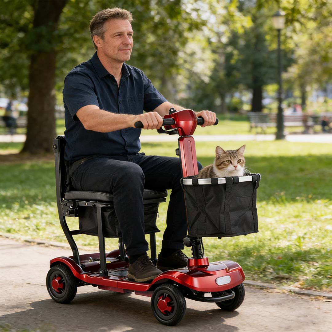 Foldscoot X-18 Compact Folding 4-Wheel Mobility Scooter, Red Lightweight Electric Scooter for Seniors & Adults, 7.5 Mile Range, 265 LBS Weight Capacity