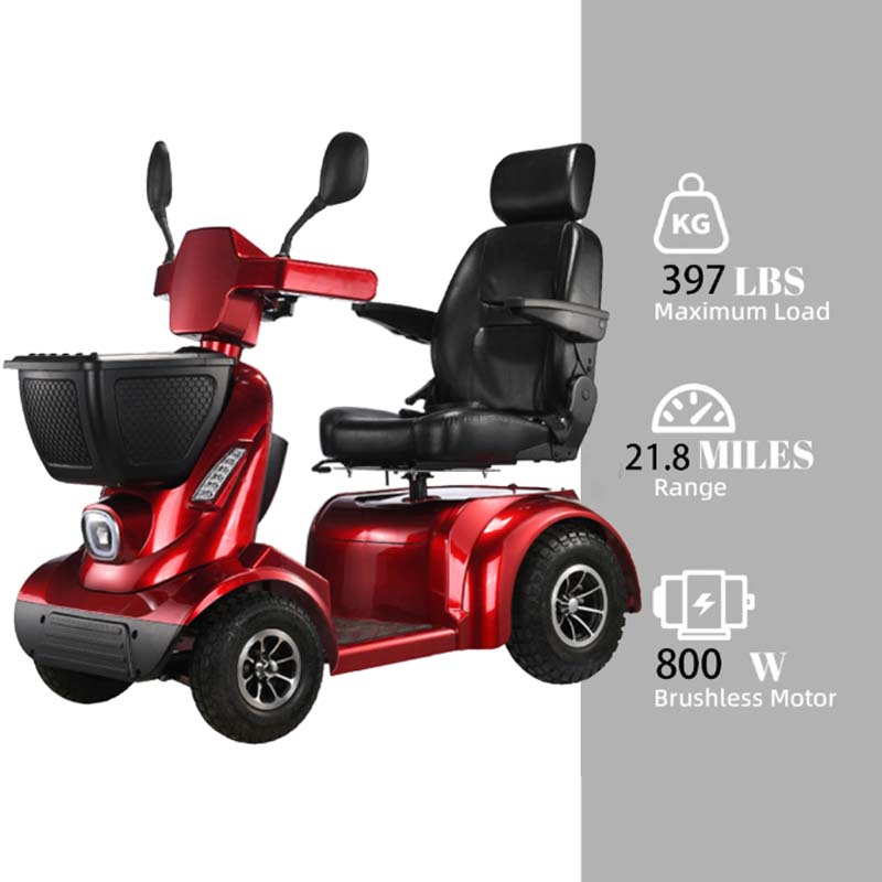 Foldscoot Heavy-Duty 4-Wheel Electric Mobility Scooter for Adults & Seniors, 397 lbs Weight Capacity, 21.8 Mile Long Range, 9.3 mph Max Speed, Non-Foldable Powered Scooter with Large Seat & Basket, Red