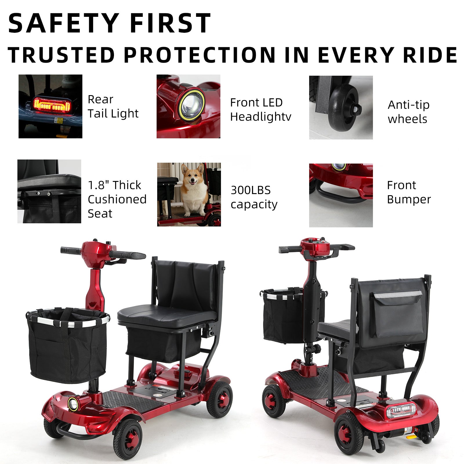 FOLDSCOOT MS01 F Lightweight Mobility Scooter, 41 lbs, 12/24 Mile Range, 300 lbs Capacity, LED Light & Triple Storage