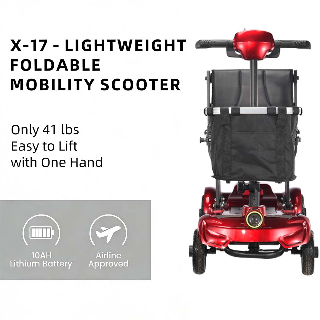 Foldscoot Compact Folding Mobility Scooter – Red (Model: X-17) Lightweight 4-Wheel Electric Scooter for Seniors & Adults | Foldable, 7.5 Miles Range, 265 LBS Weight Capacity