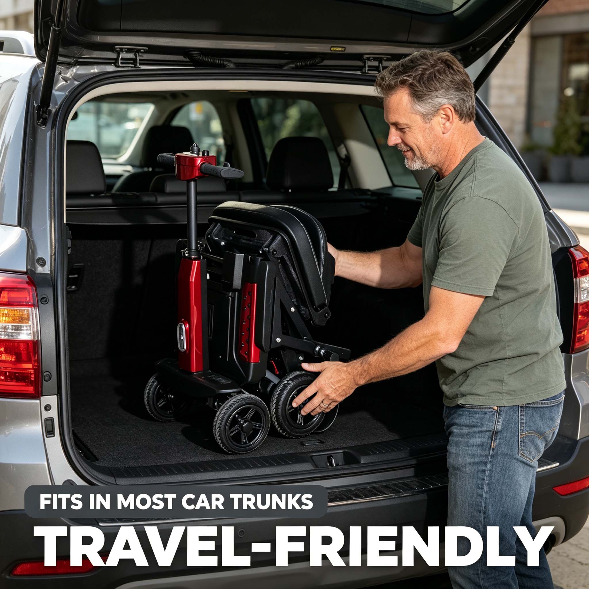 Foldscoot X-11 Manual Folding Mobility Scooter for Seniors, 4-Wheel Lightweight Electric Scooter, 7.5 Mile Range, 265 LBS Capacity, Red, Fits in Car Trunks