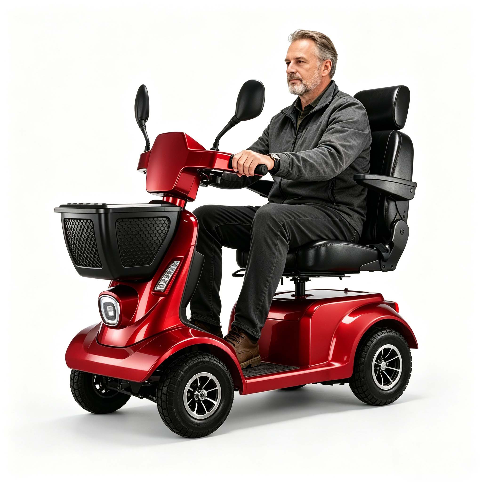 Foldscoot Heavy-Duty 4-Wheel Electric Mobility Scooter for Adults & Seniors, 397 lbs Weight Capacity, 21.8 Mile Long Range, 9.3 mph Max Speed, Non-Foldable Powered Scooter with Large Seat & Basket, Red