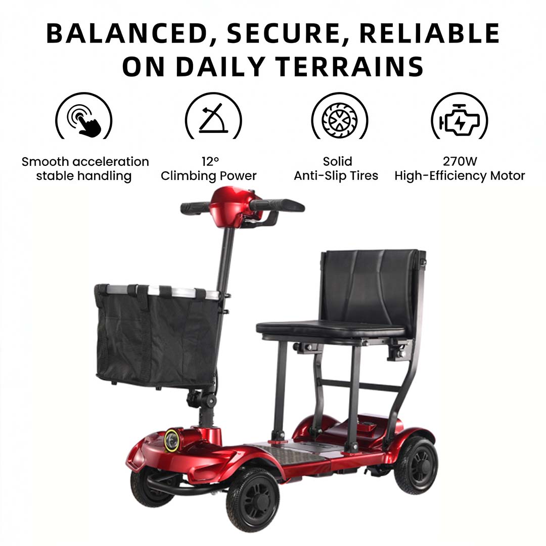 Foldscoot Compact Folding Mobility Scooter – Red (Model: X-17) Lightweight 4-Wheel Electric Scooter for Seniors & Adults | Foldable, 7.5 Miles Range, 265 LBS Weight Capacity