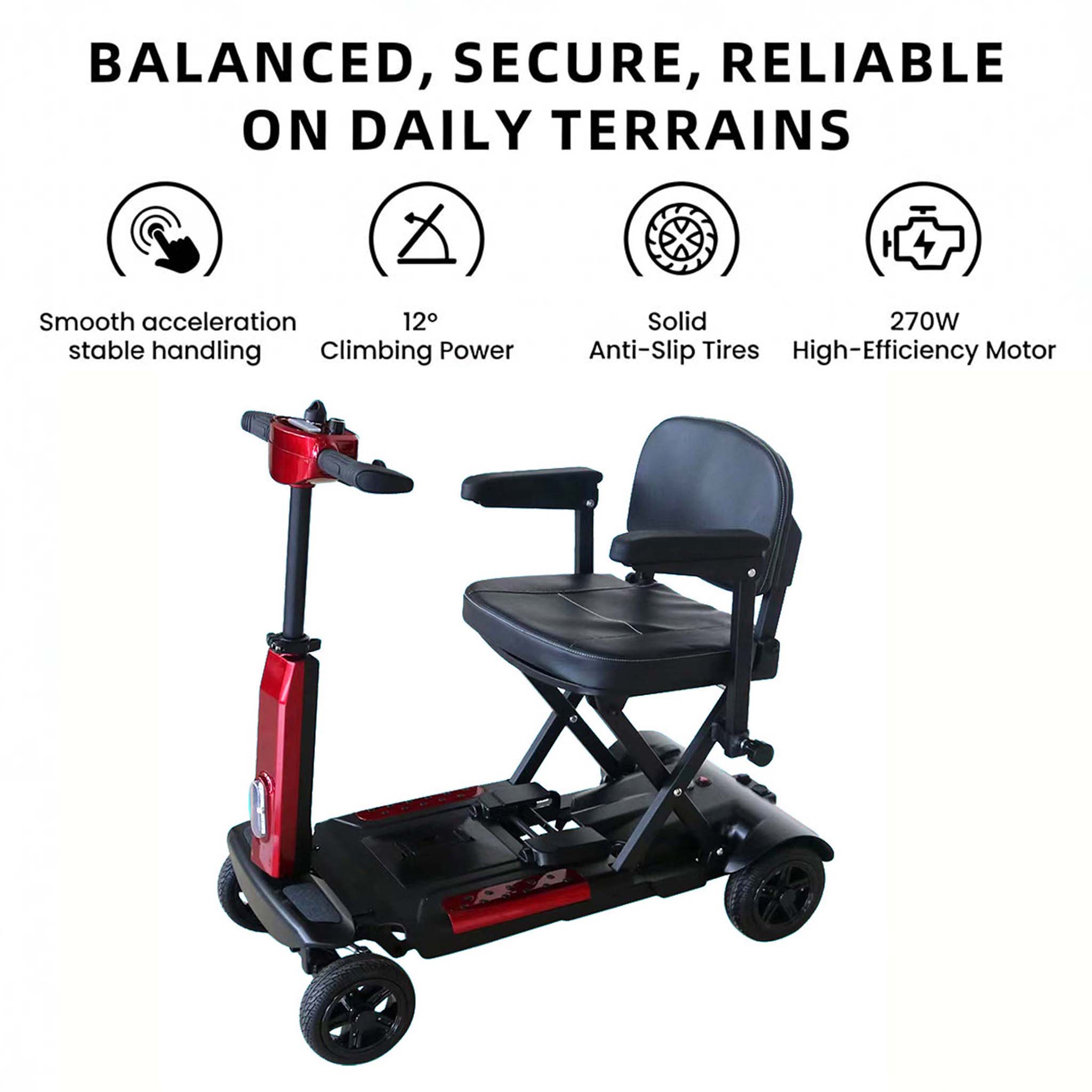 Foldscoot X-11 Manual Folding Mobility Scooter for Seniors, 4-Wheel Lightweight Electric Scooter, 7.5 Mile Range, 265 LBS Capacity, Red, Fits in Car Trunks