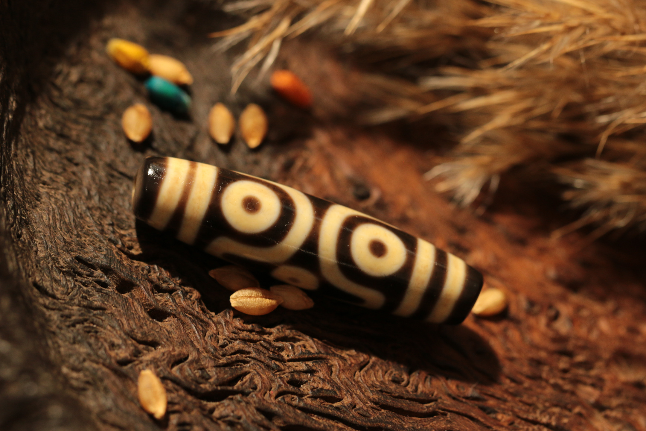 A Tibetan heirloom, the Six-Eyed Dzi Bead（Unique ID: tz-3-2370）