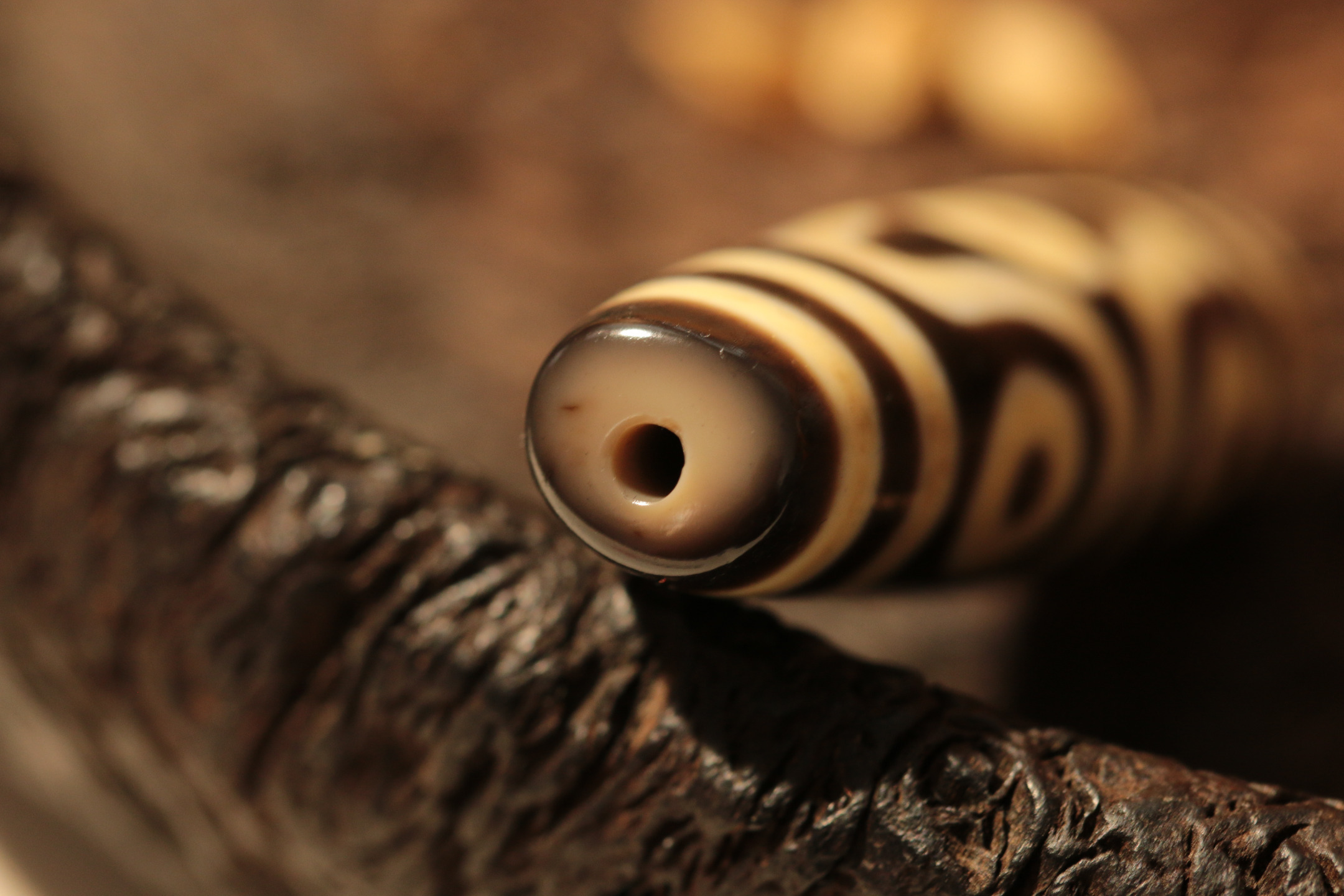 A Tibetan heirloom, the Six-Eyed Dzi Bead（Unique ID: tz-3-2370）