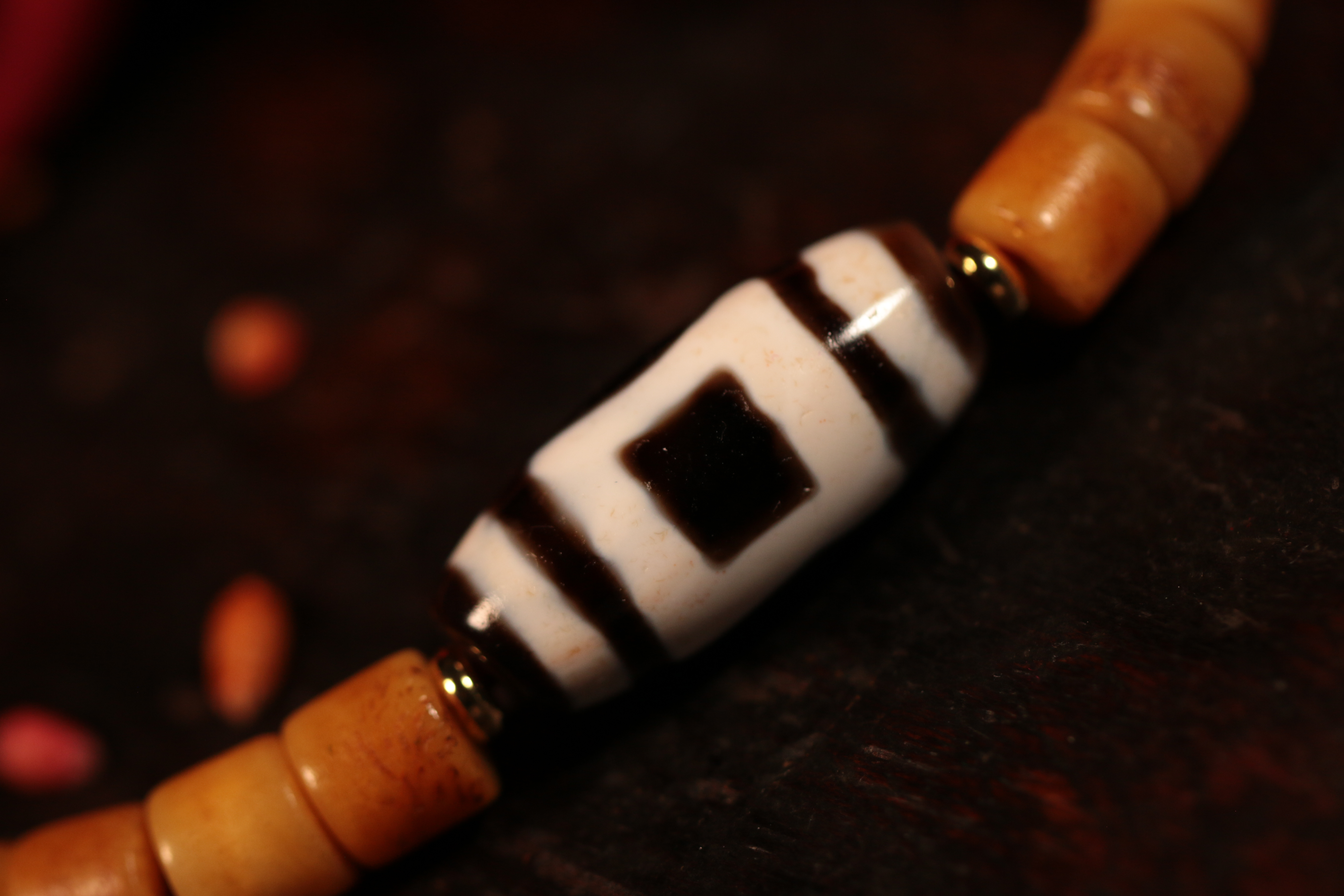 Linggu, holding a Heaven and Earth Dzi Bead bracelet.（Unique ID:cp-1-6428）