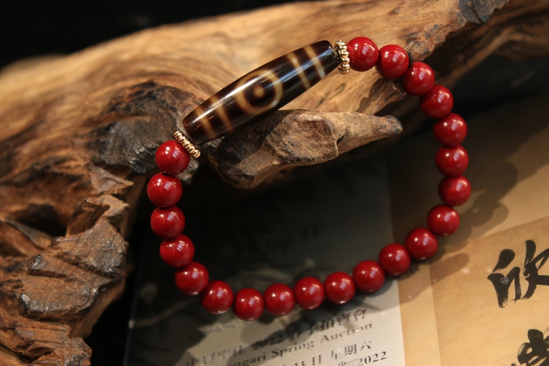 Tibetan sacred object - Heaven and Earth Dzi Bead Cinnabar Bracelet