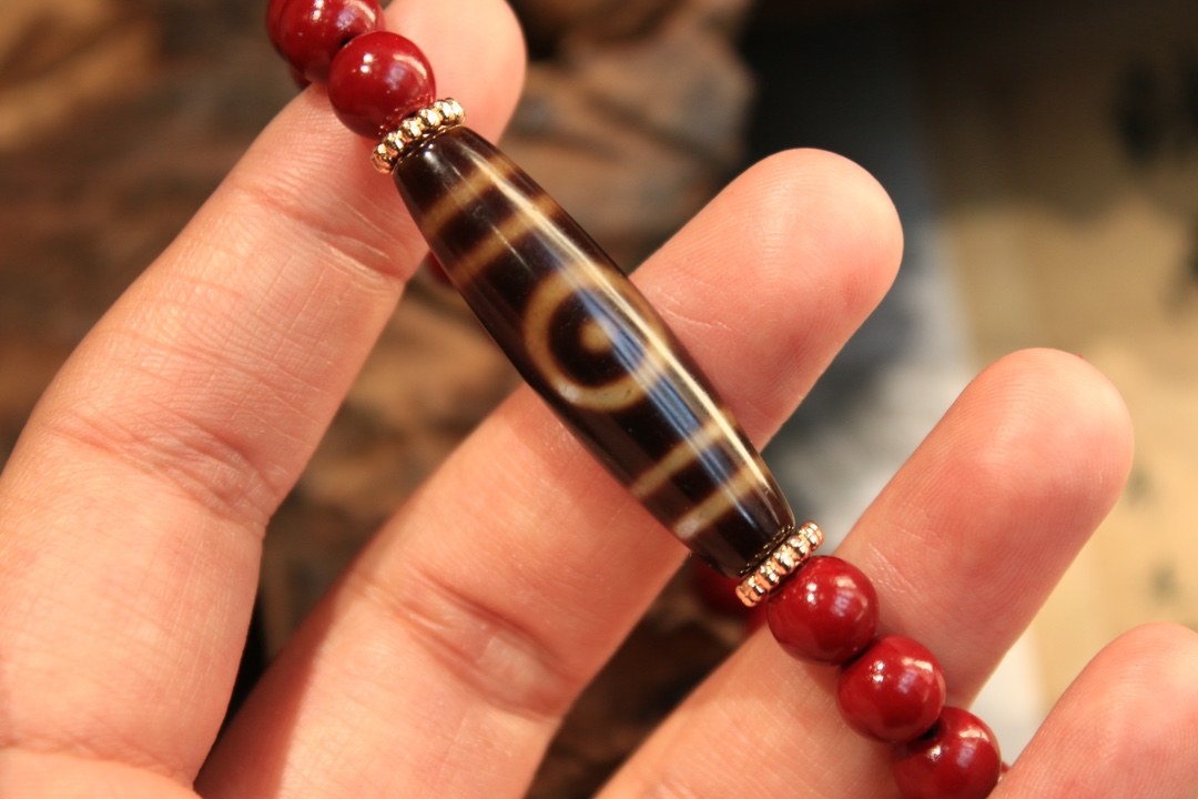 Tibetan sacred object - Heaven and Earth Dzi Bead Cinnabar Bracelet