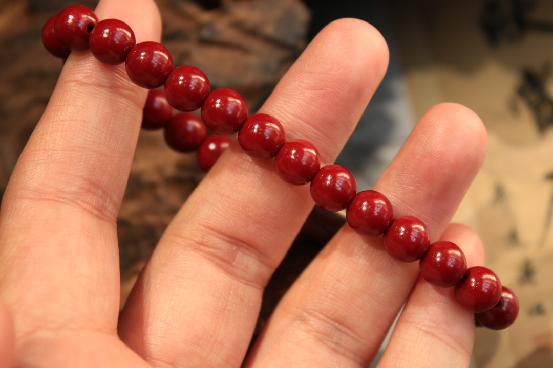 Tibetan sacred object - Heaven and Earth Dzi Bead Cinnabar Bracelet