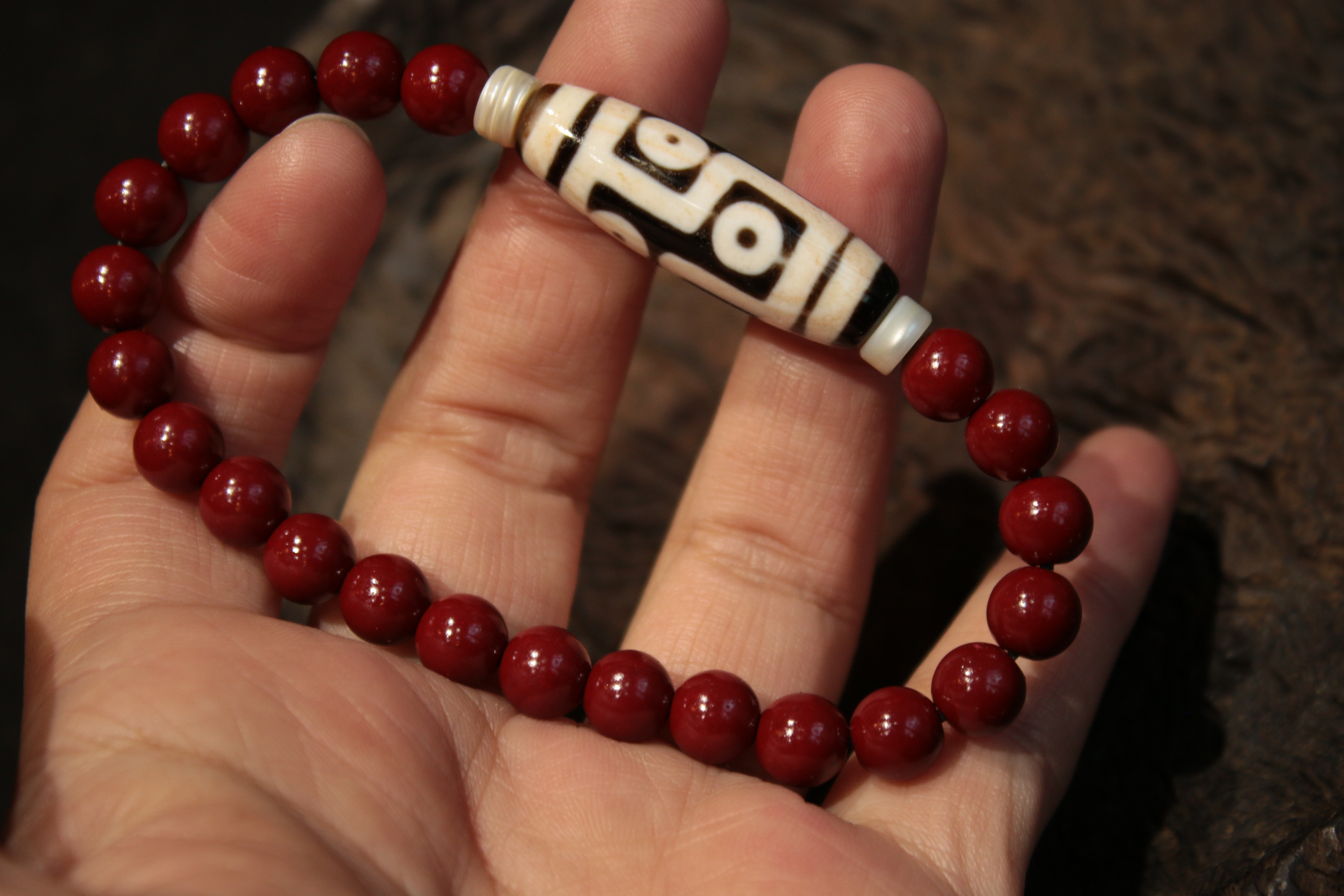 Tibetan sacred object - Six-eyed dzi bead cinnabar bracelet