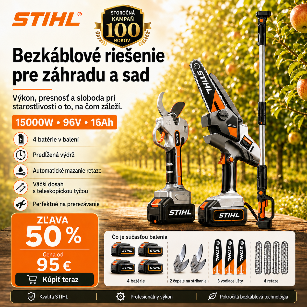 Prenosná bezkefová reťazová píla STIHL s výkonom 15 000 W, vybavená predlžovacou tyčou a teleskopickými záhradníckymi nožnicami.