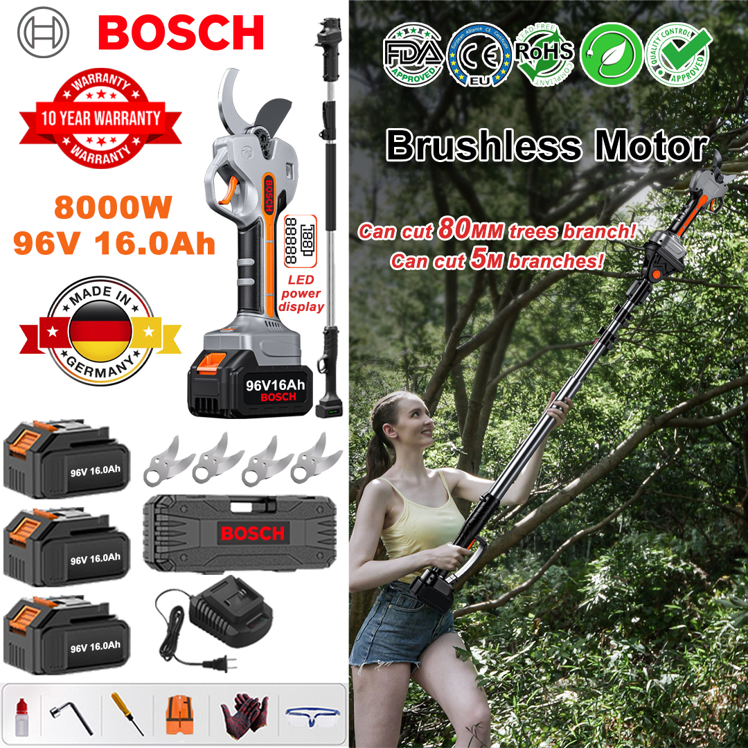 Tijeras de podar sin escobillas BOSCH de 8000 W con batería de litio y pértiga telescópica