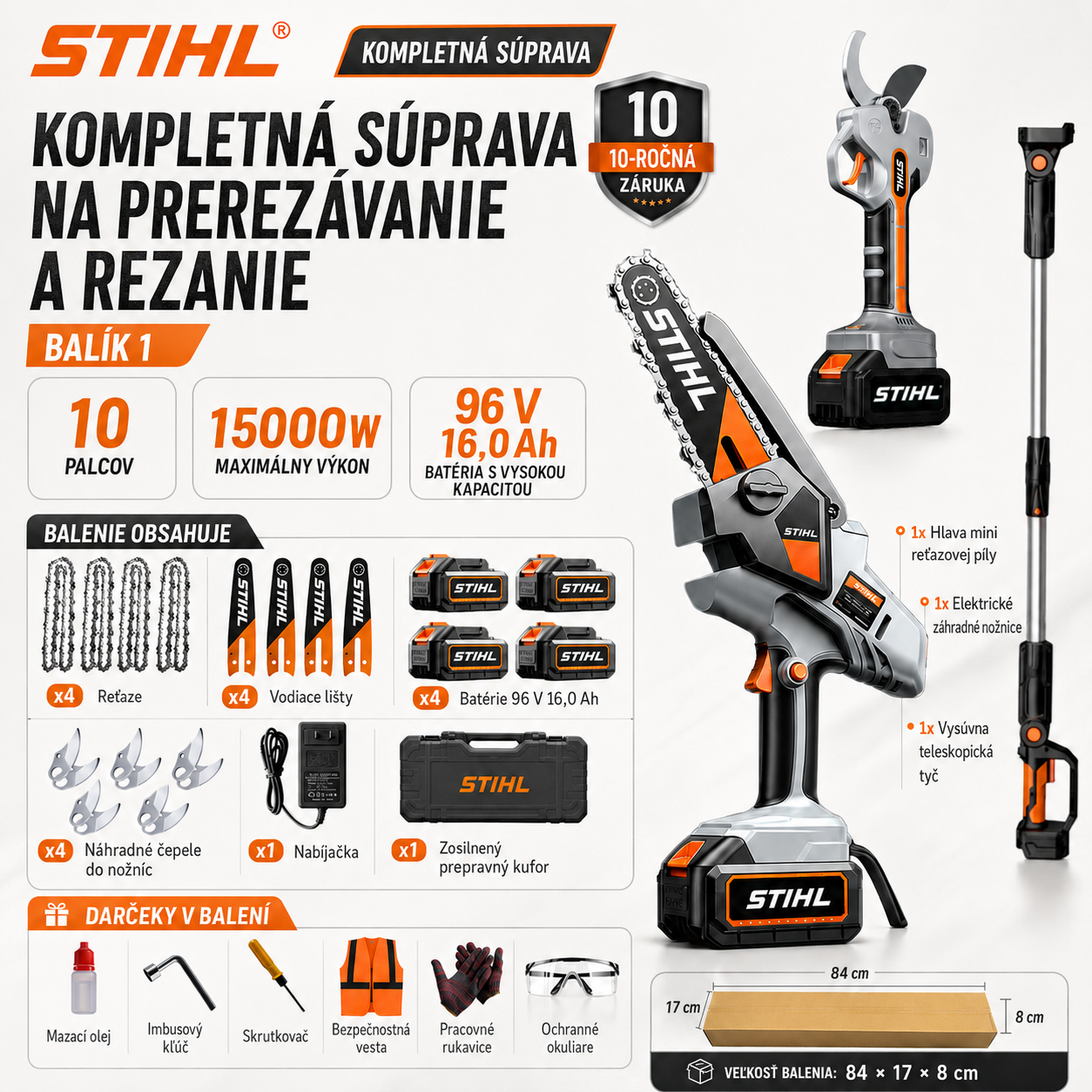 Prenosná bezkefová reťazová píla STIHL s výkonom 15 000 W, vybavená predlžovacou tyčou a teleskopickými záhradníckymi nožnicami.