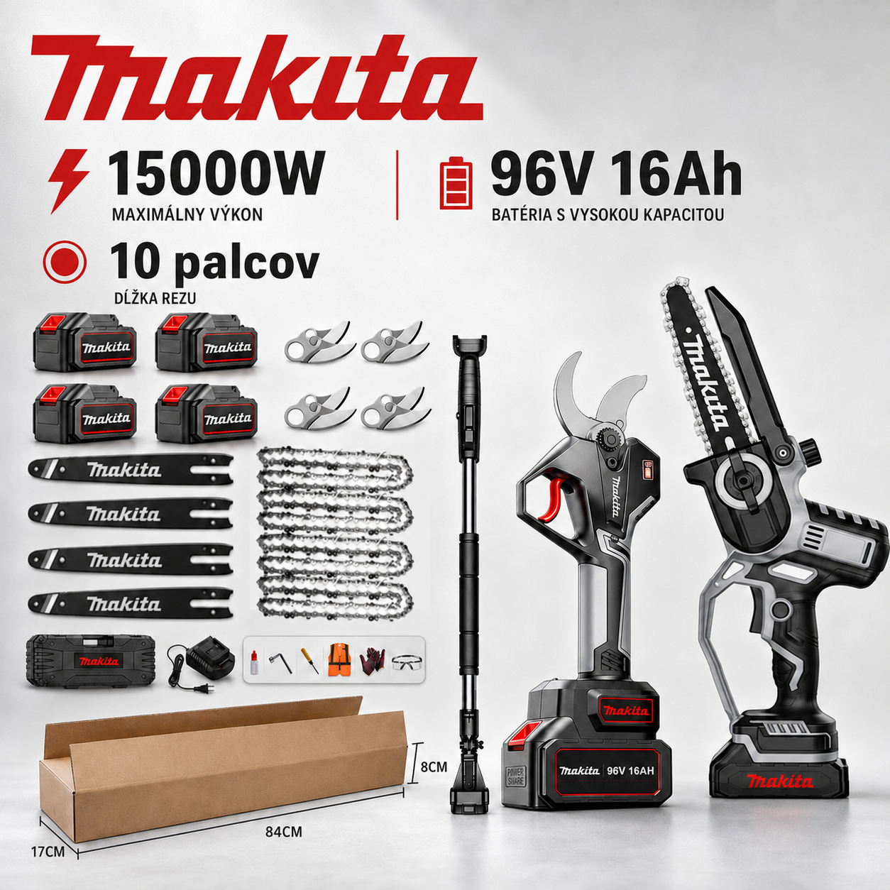 Sada kosačky na trávu Makita s výkonom 15 000 W a motorovej píly s výkonom 15 000 W, vybavená bezkartáčovým motorom a lítium-iónovou batériou.
