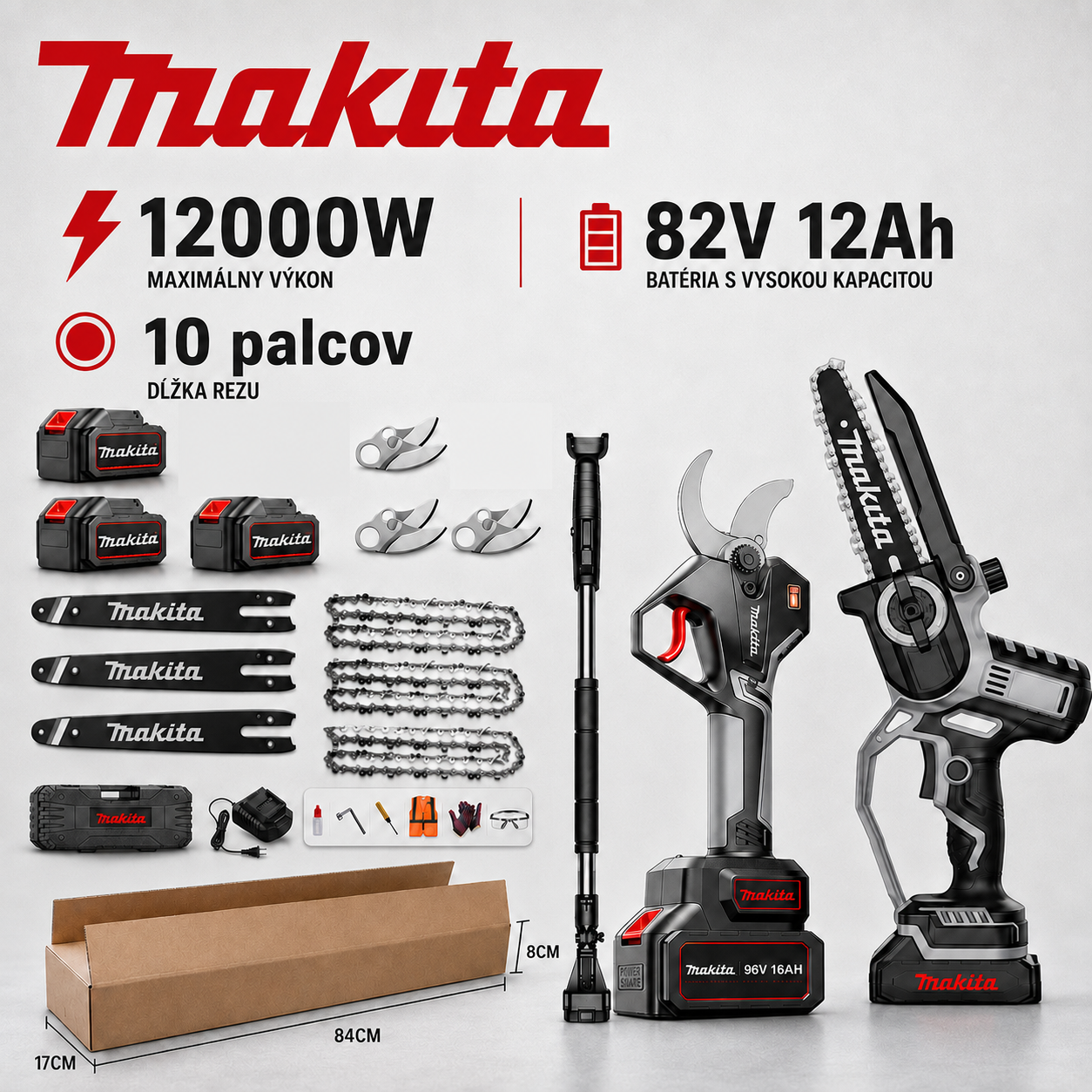 Sada kosačky na trávu Makita s výkonom 15 000 W a motorovej píly s výkonom 15 000 W, vybavená bezkartáčovým motorom a lítium-iónovou batériou.
