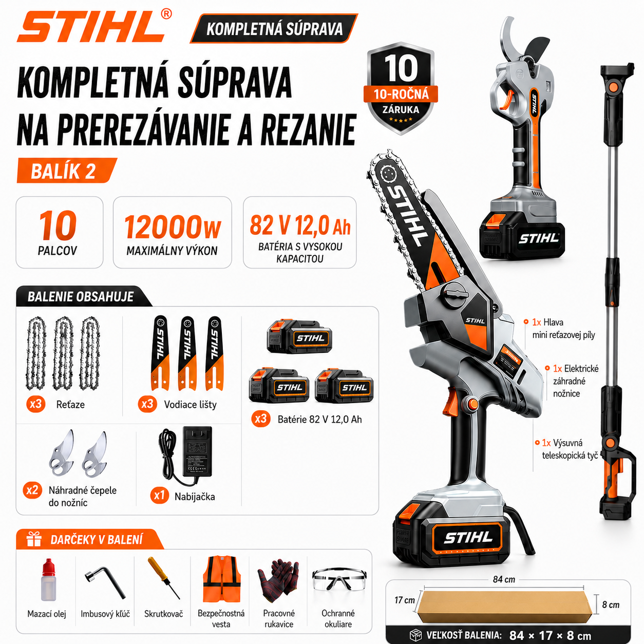 Prenosná bezkefová reťazová píla STIHL s výkonom 15 000 W, vybavená predlžovacou tyčou a teleskopickými záhradníckymi nožnicami.