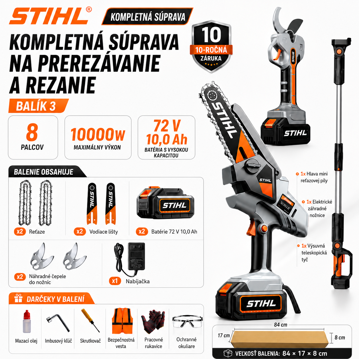 Prenosná bezkefová reťazová píla STIHL s výkonom 15 000 W, vybavená predlžovacou tyčou a teleskopickými záhradníckymi nožnicami.