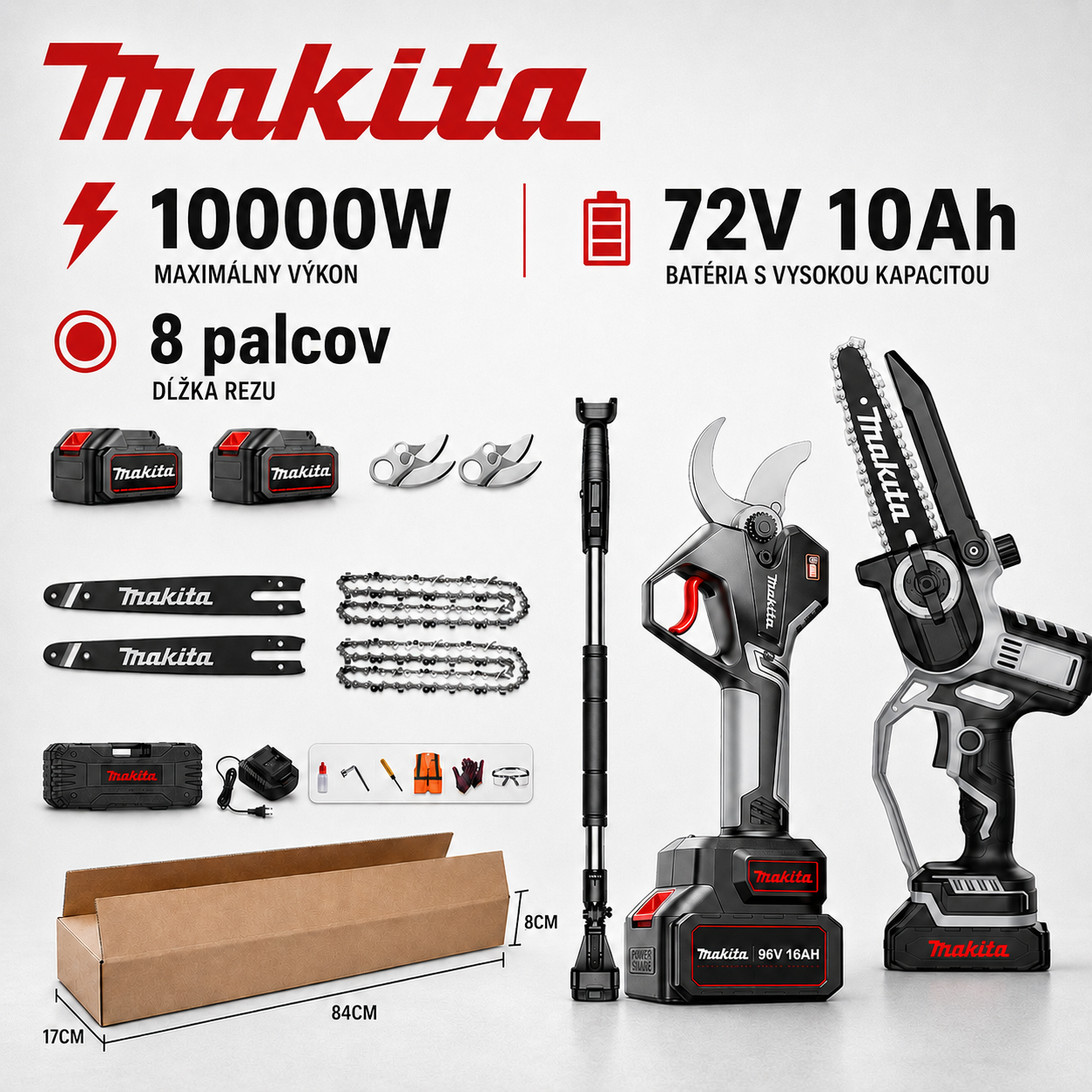 Sada kosačky na trávu Makita s výkonom 15 000 W a motorovej píly s výkonom 15 000 W, vybavená bezkartáčovým motorom a lítium-iónovou batériou.