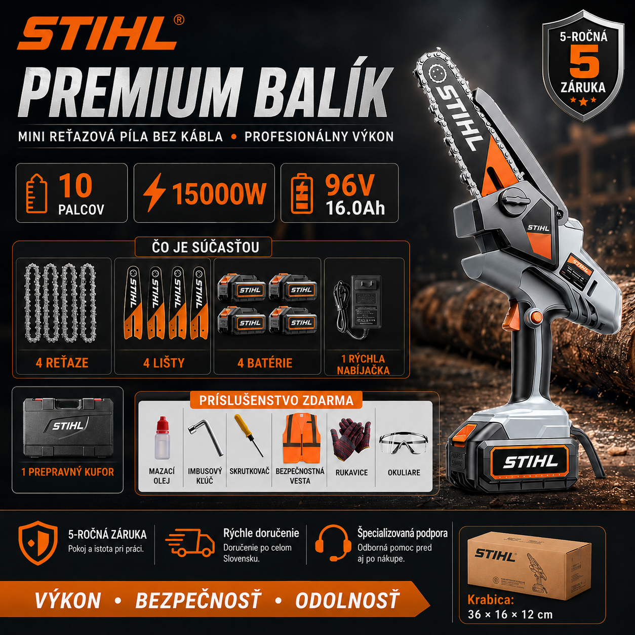 Prenosná bezkefová reťazová píla STIHL s výkonom 15 000 W, vybavená predlžovacou tyčou a teleskopickými záhradníckymi nožnicami.