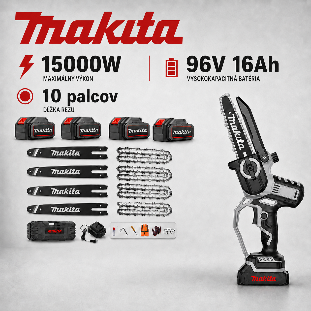 Sada kosačky na trávu Makita s výkonom 15 000 W a motorovej píly s výkonom 15 000 W, vybavená bezkartáčovým motorom a lítium-iónovou batériou.