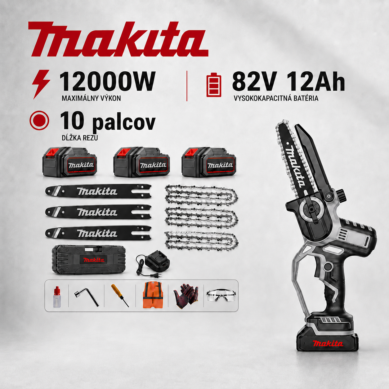 Sada kosačky na trávu Makita s výkonom 15 000 W a motorovej píly s výkonom 15 000 W, vybavená bezkartáčovým motorom a lítium-iónovou batériou.