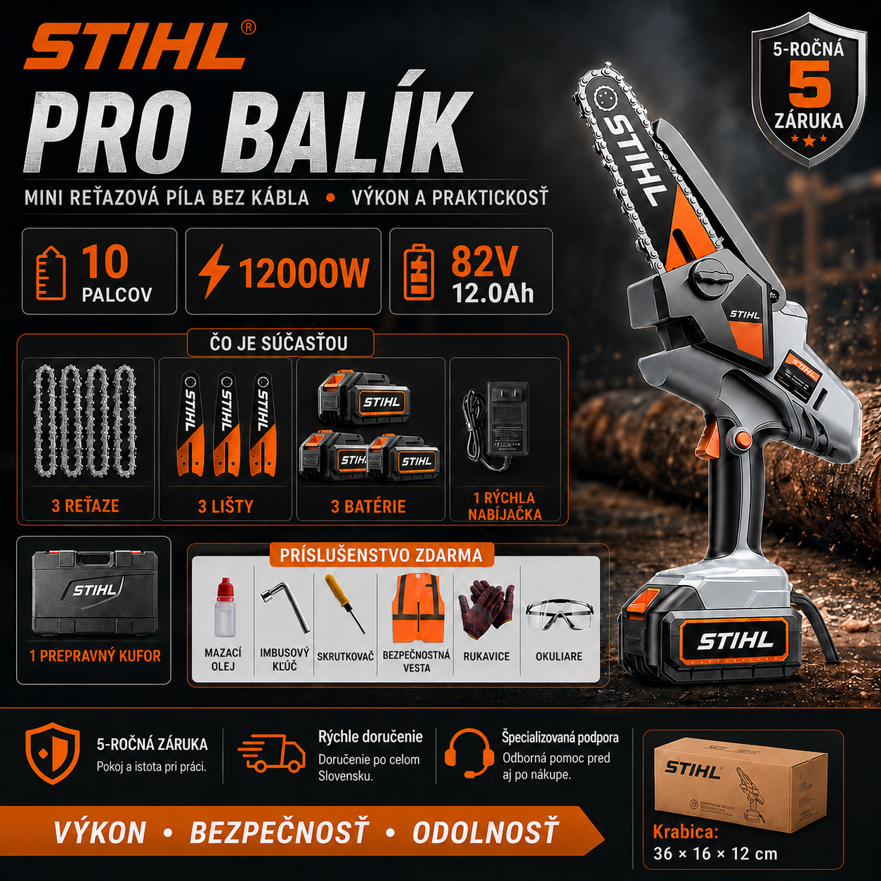 Prenosná bezkefová reťazová píla STIHL s výkonom 15 000 W, vybavená predlžovacou tyčou a teleskopickými záhradníckymi nožnicami.