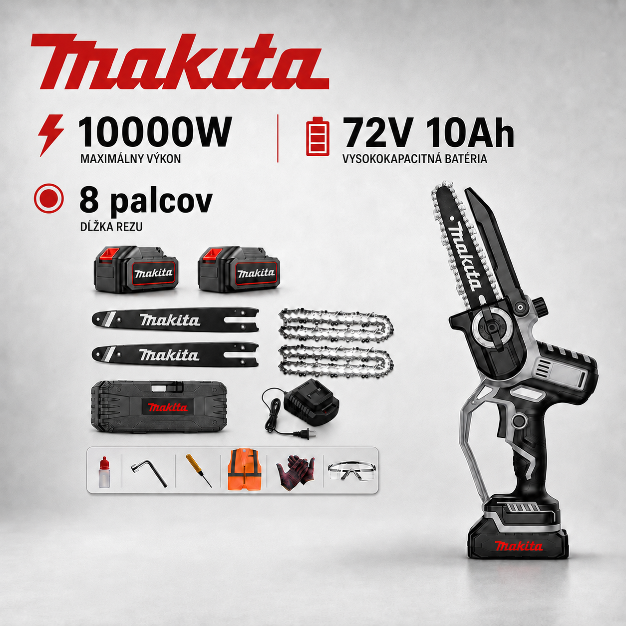 Sada kosačky na trávu Makita s výkonom 15 000 W a motorovej píly s výkonom 15 000 W, vybavená bezkartáčovým motorom a lítium-iónovou batériou.