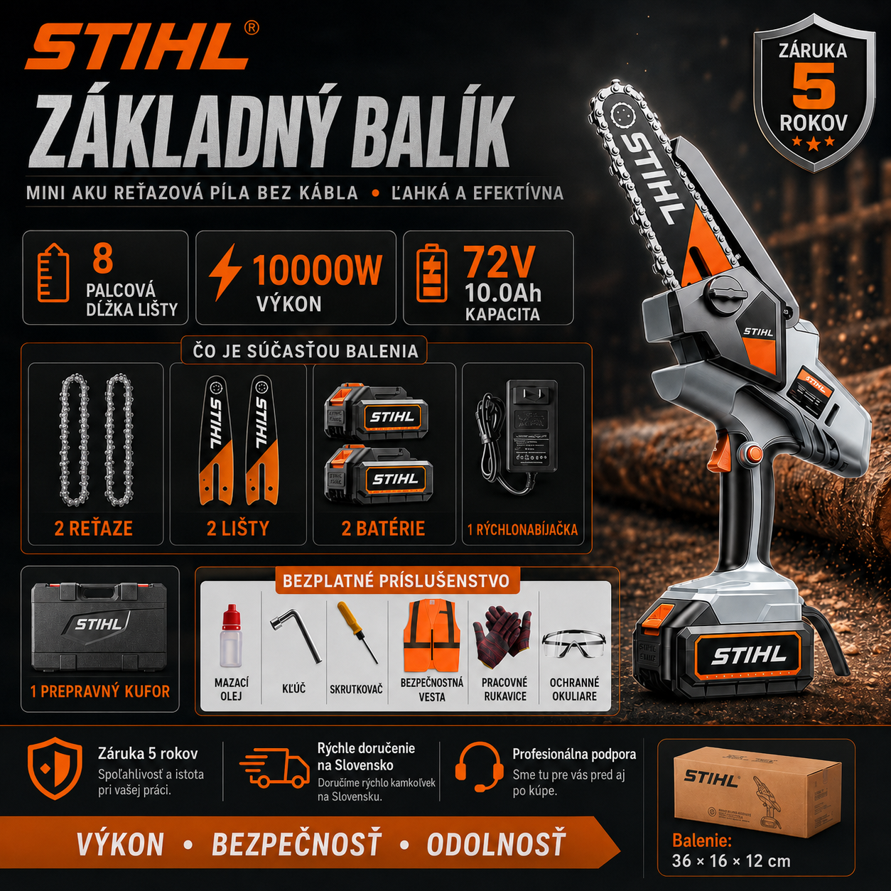 Prenosná bezkefová reťazová píla STIHL s výkonom 15 000 W, vybavená predlžovacou tyčou a teleskopickými záhradníckymi nožnicami.