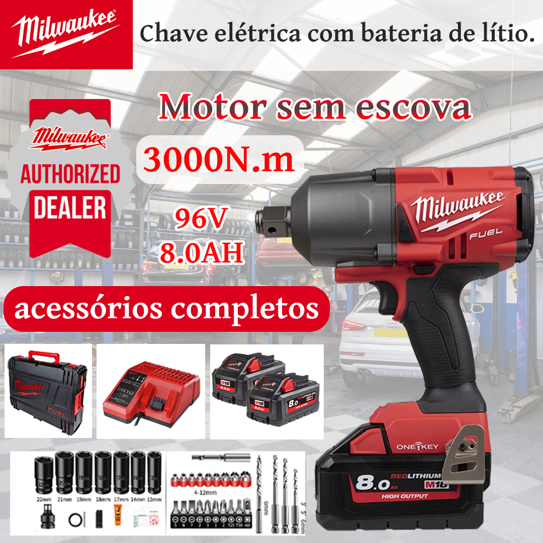 Chave de impacto Milwaukee M18 de alto binário e longa duração com bateria de iões de lítio.