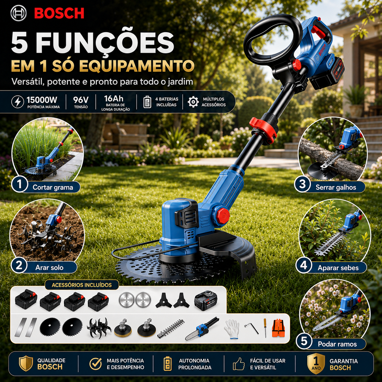 Enxada rotativa portátil multifuncional Bosch com motor sem escovas e bateria de lítio de longa duração (inclui diversos brindes)