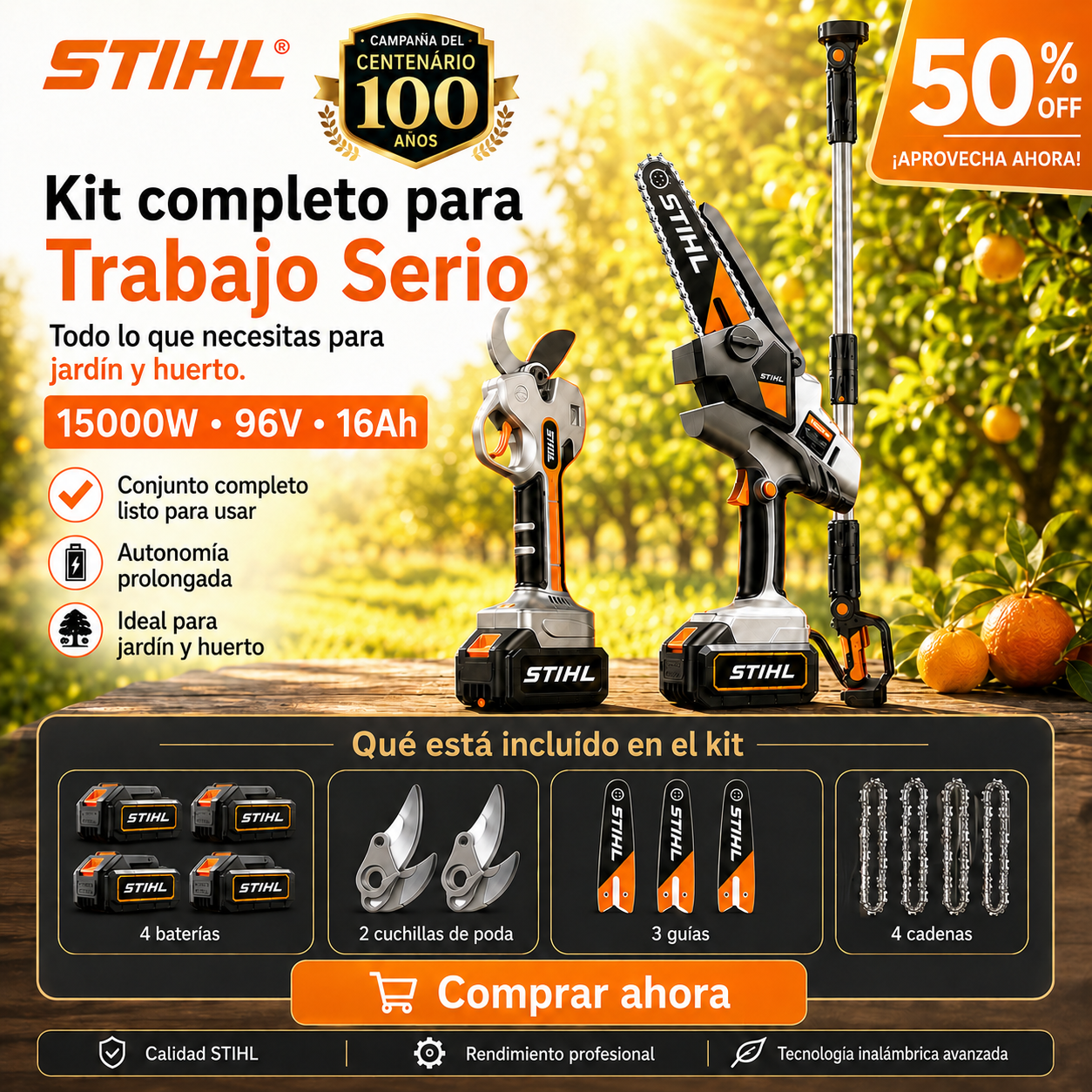 🔥Kit de motosierra portátil sin escobillas STIHL de 15.000 W con eje de extensión y tijeras de poda telescópicas.