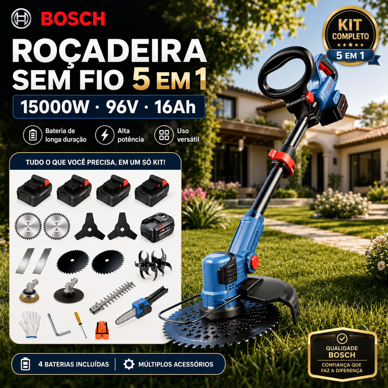 Enxada rotativa portátil multifuncional Bosch com motor sem escovas e bateria de lítio de longa duração (inclui diversos brindes)