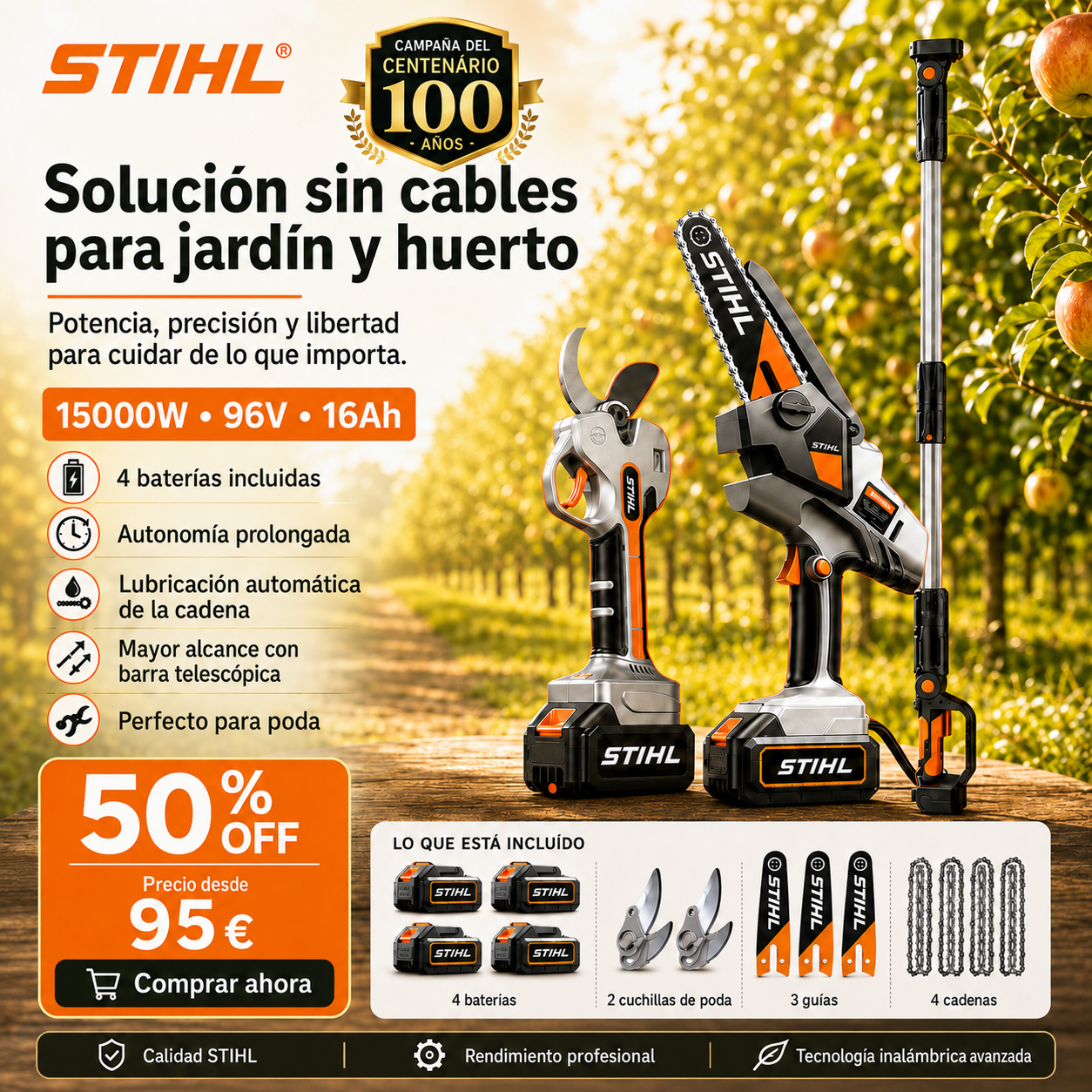 🔥Kit de motosierra portátil sin escobillas STIHL de 15.000 W con eje de extensión y tijeras de poda telescópicas.