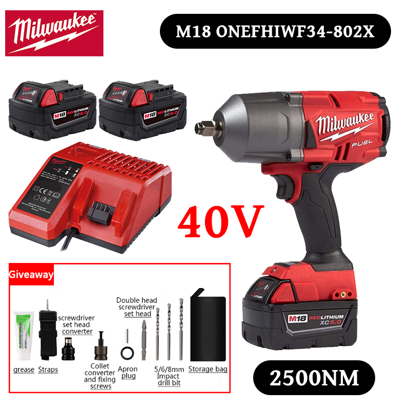 Chave de impacto Milwaukee M18 de alto binário e longa duração com bateria de iões de lítio.
