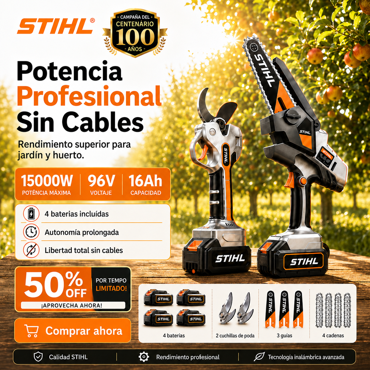 🔥Kit de motosierra portátil sin escobillas STIHL de 15.000 W con eje de extensión y tijeras de poda telescópicas.
