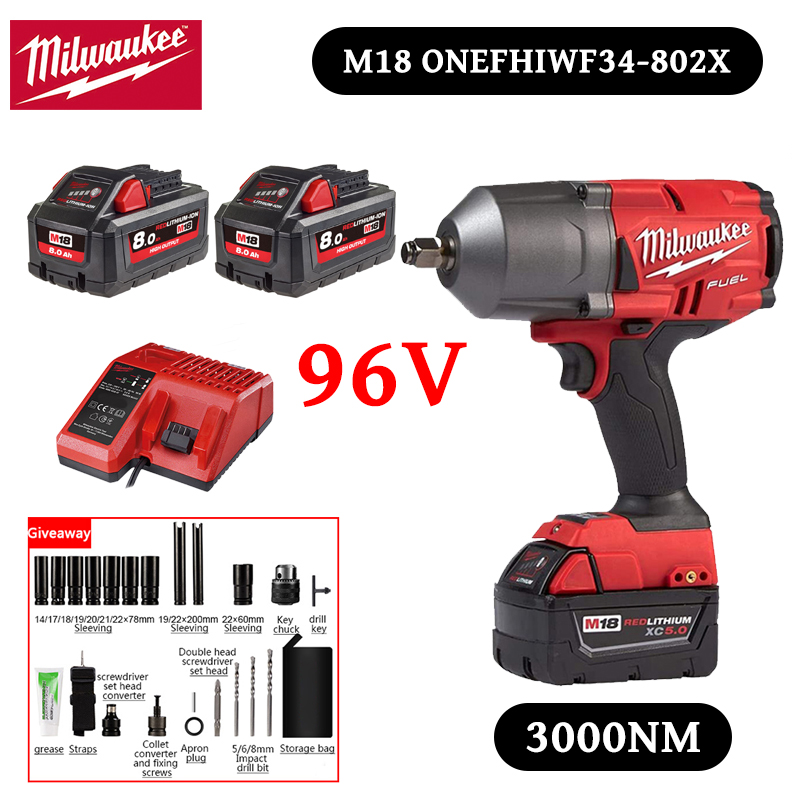 Chave de impacto Milwaukee M18 de alto binário e longa duração com bateria de iões de lítio.