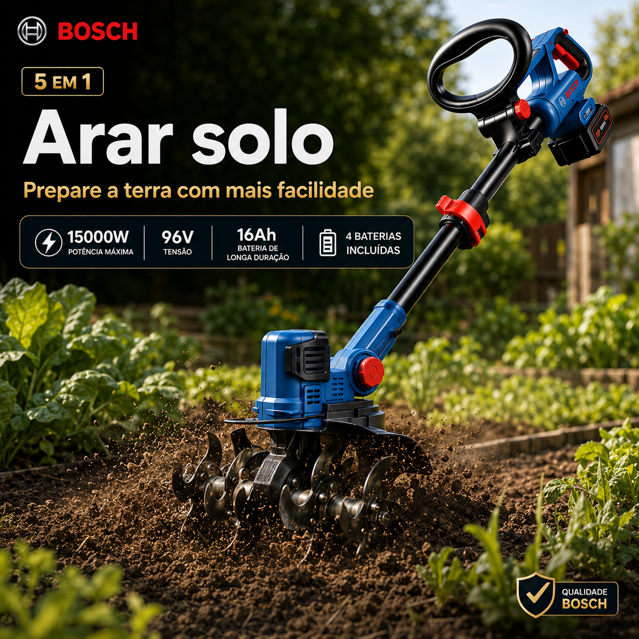 Enxada rotativa portátil multifuncional Bosch com motor sem escovas e bateria de lítio de longa duração (inclui diversos brindes)