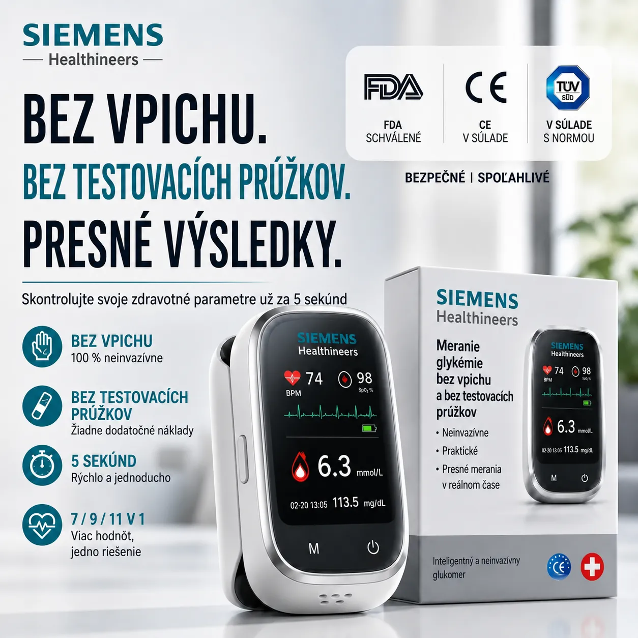 🩸 Siemens™ Neinvazívny glukomer 11 v 1 • Bez pichania • Bez testovacích prúžkov • Výsledky už za 5 sekúnd