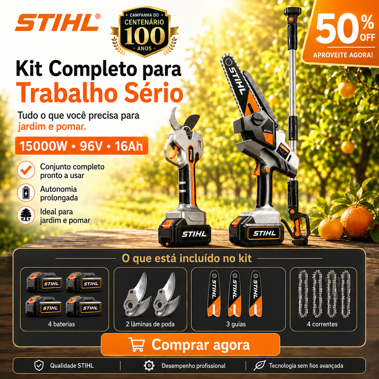STIHL 15,000 W brushless portable chainsaw kit with extension shaft and telescopic pruning shears.