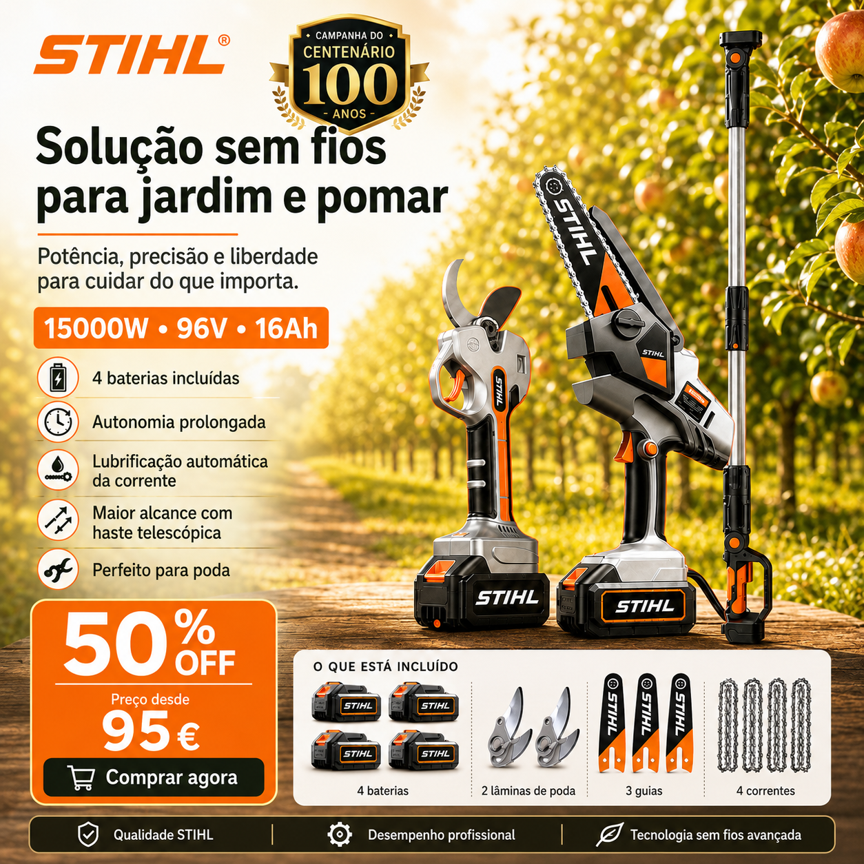 STIHL 15,000 W brushless portable chainsaw kit with extension shaft and telescopic pruning shears.