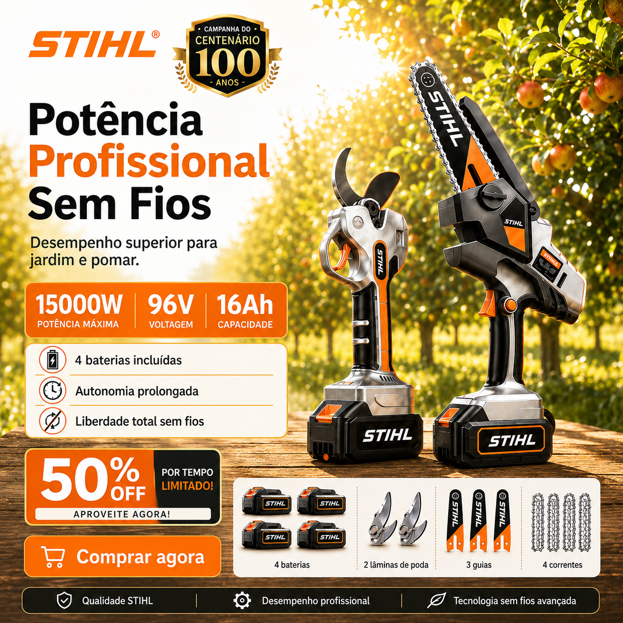 STIHL 15,000 W brushless portable chainsaw kit with extension shaft and telescopic pruning shears.
