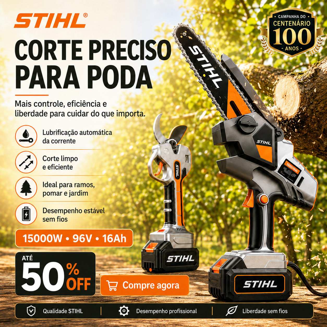 STIHL 15,000 W brushless portable chainsaw kit with extension shaft and telescopic pruning shears.