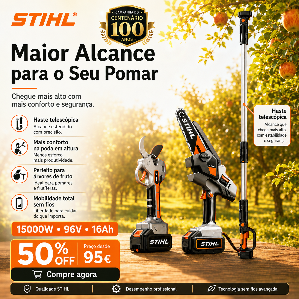 STIHL 15,000 W brushless portable chainsaw kit with extension shaft and telescopic pruning shears.